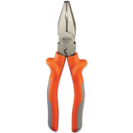Close-up view of electricians pliers featuring durable metallic jaws and ergonomic orange and gray insulated handles.