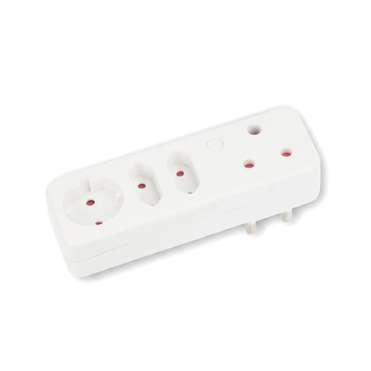 White Electricmate Core multi-socket adaptor featuring 16 Amp, 2-pin Euro, and Schuko outlets.