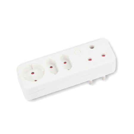 White Electricmate Core multi-socket adaptor featuring 16 Amp, 2-pin Euro, and Schuko outlets.