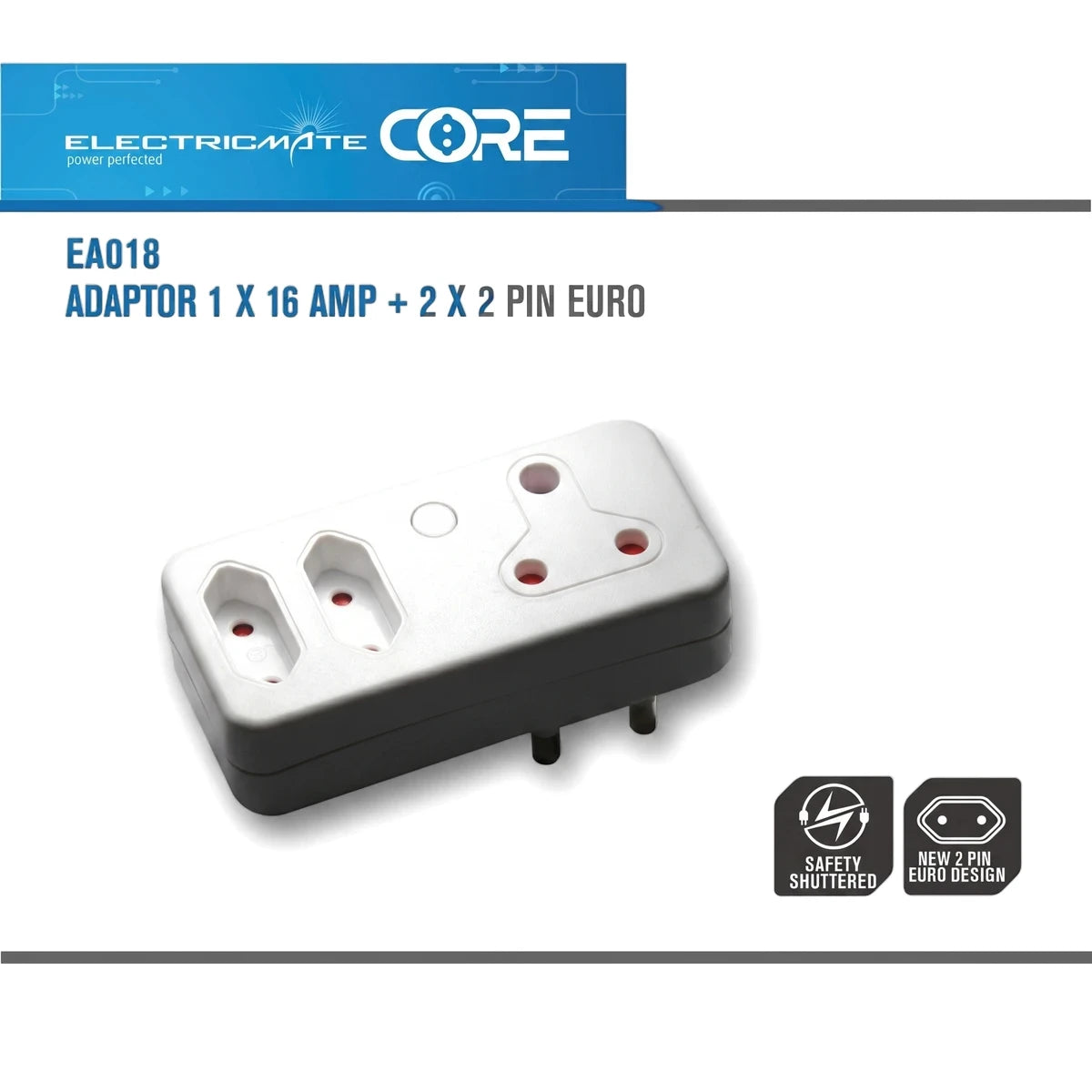 White Electricmate Core multi-socket adaptor with 1x16 amp and 2x2 pin Euro sockets, safety-shuttered design.
