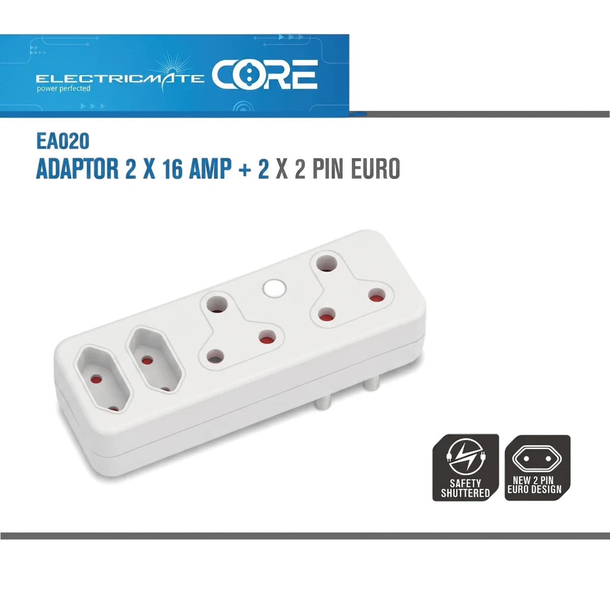 White Electricmate Core EA020 power adapter with 2x16 amp and 2x2 pin Euro sockets, angled view.