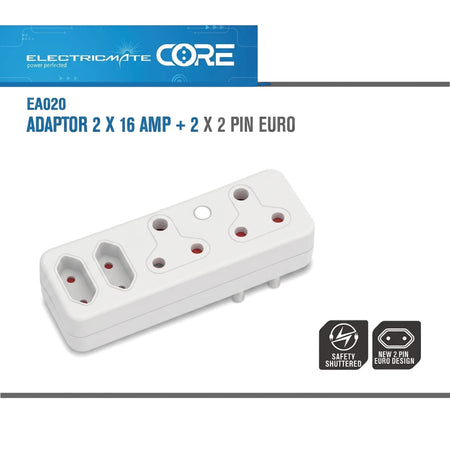 White Electricmate Core EA020 power adapter with 2x16 amp and 2x2 pin Euro sockets, angled view.