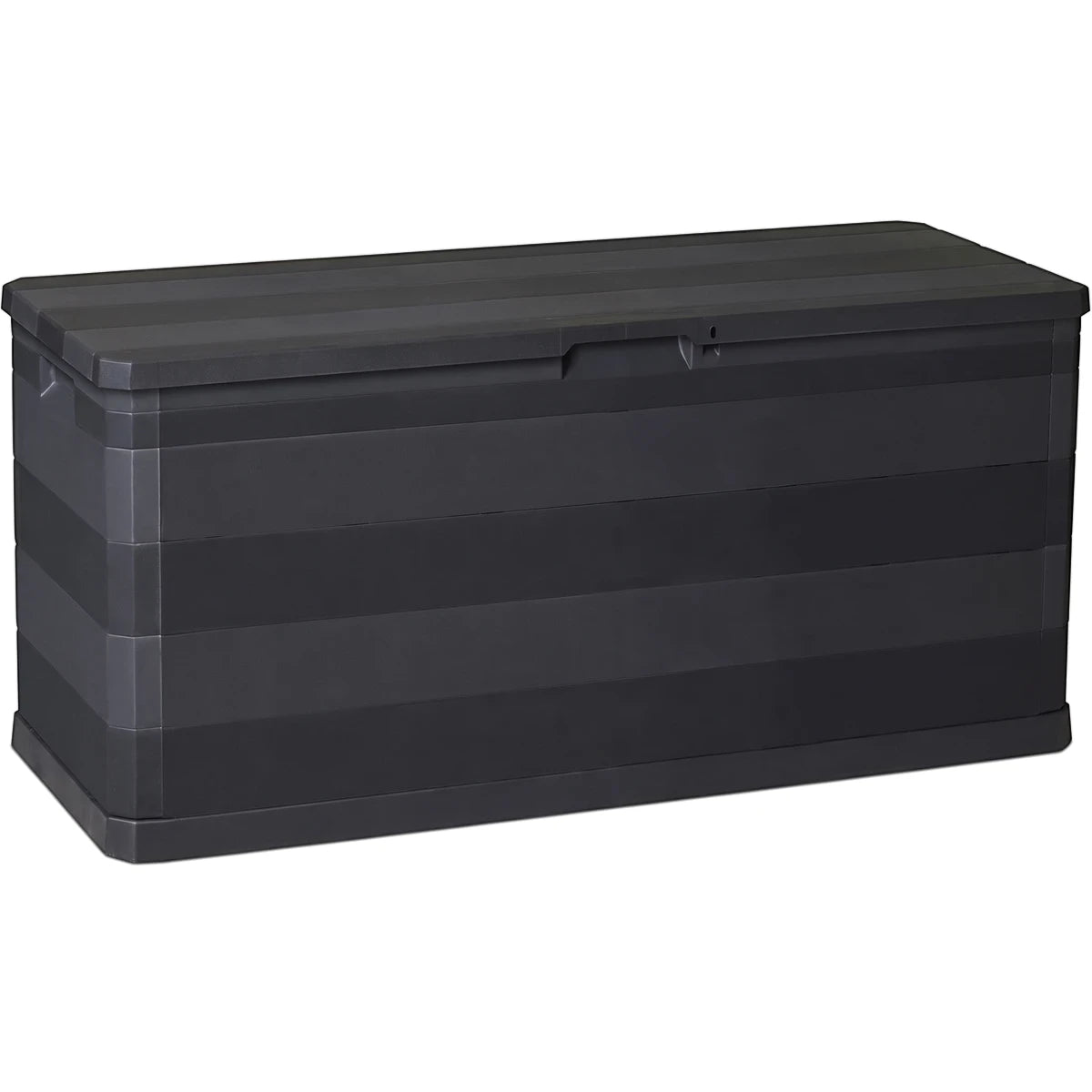 Dark grey plastic Elegance outdoor storage box, 280 liter capacity, shown from a front-side angle.