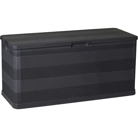 Dark grey plastic Elegance outdoor storage box, 280 liter capacity, shown from a front-side angle.