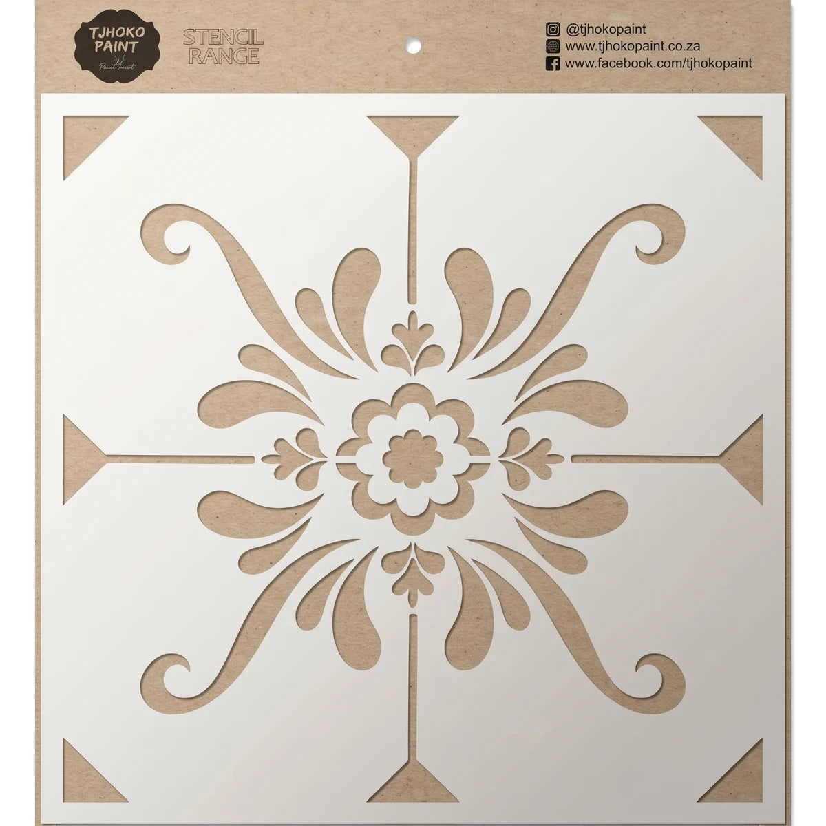 Elegant Flourish Paint Stencil from Tjhoko Paint, featuring an intricate symmetrical floral design in light brown on a