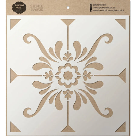 Elegant Flourish Paint Stencil from Tjhoko Paint, featuring an intricate symmetrical floral design in light brown on a