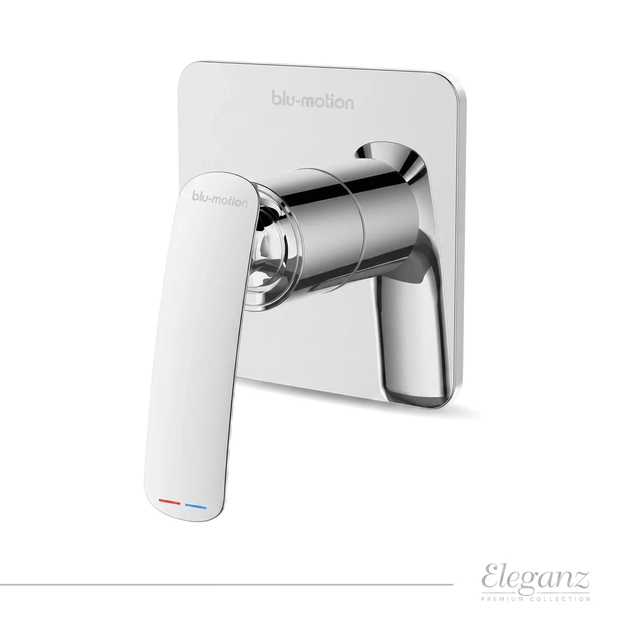 Chrome Eleganz blu-motion spare handle shower mixer with a square wall plate and lever handle, featuring hot and cold