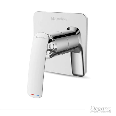 Chrome Eleganz blu-motion spare handle shower mixer with a square wall plate and lever handle, featuring hot and cold