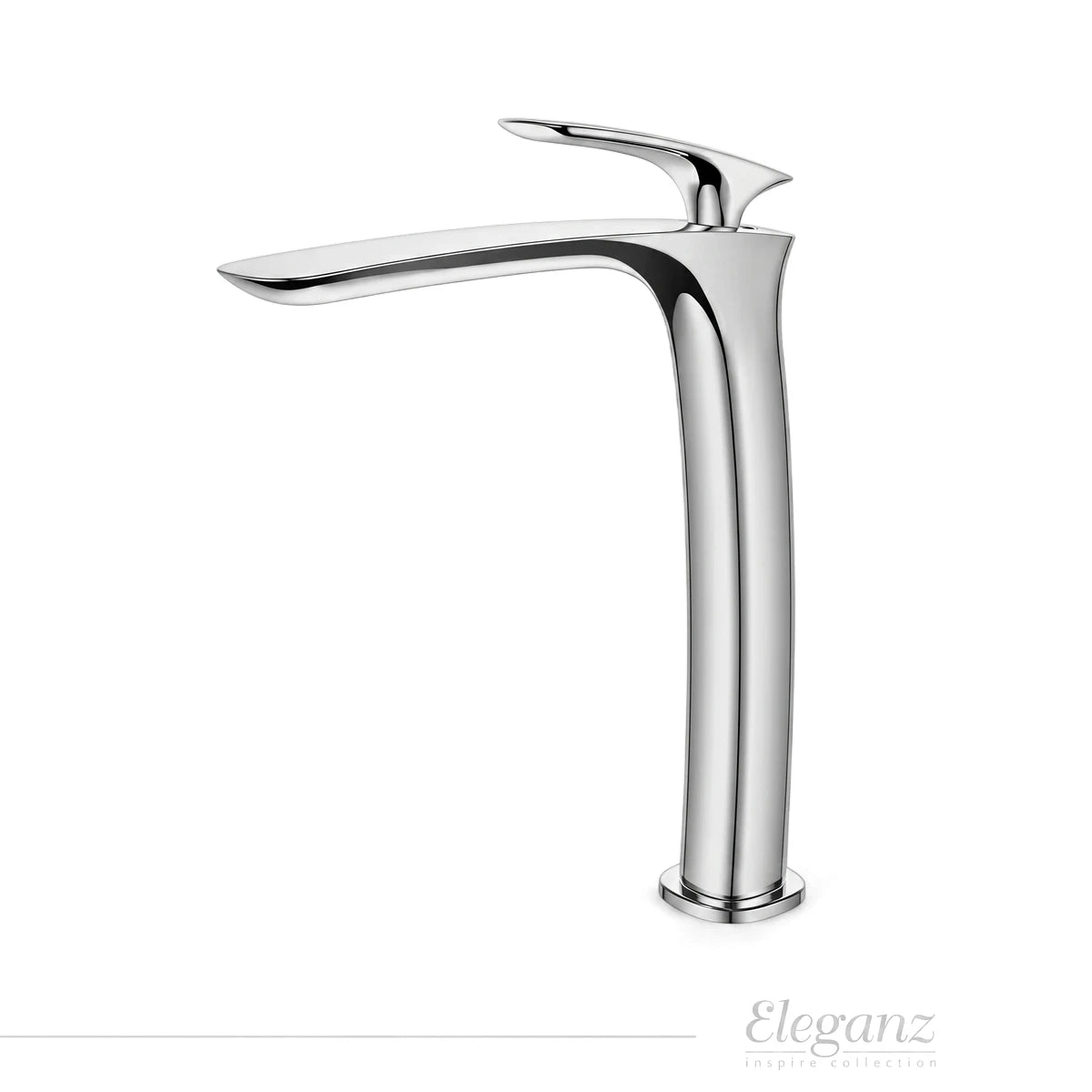 Eleganz high rise mixer faucet in polished chrome, featuring a sleek, tall design with a flat spout and single lever handle