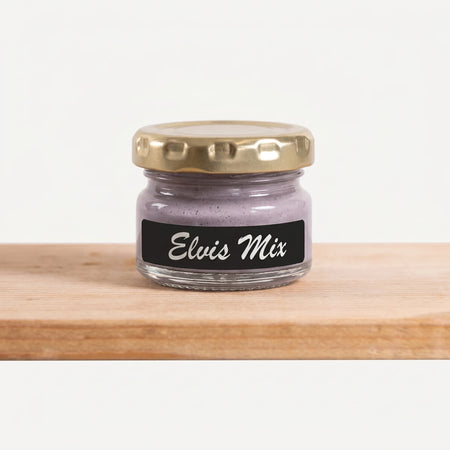 25ml jar of Elvis's Mix chalk paint with a golden lid and black label, showcasing its unique color and branding.