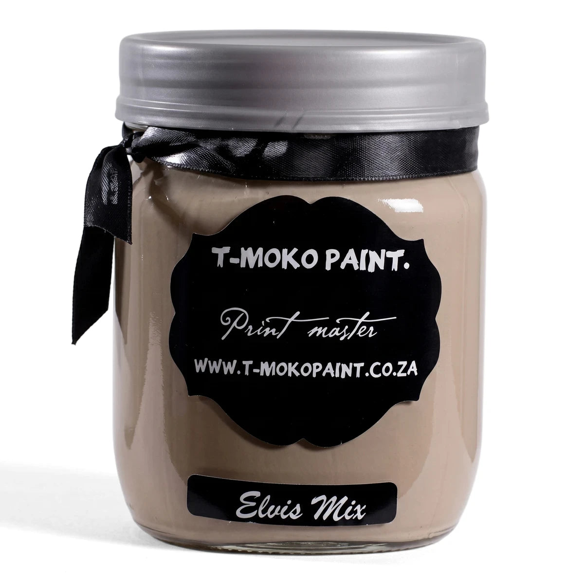 Elvis's Mix 500ml Chalk Paint in a clear glass jar with a light beige hue, black label, silver lid, and decorative ribbon.