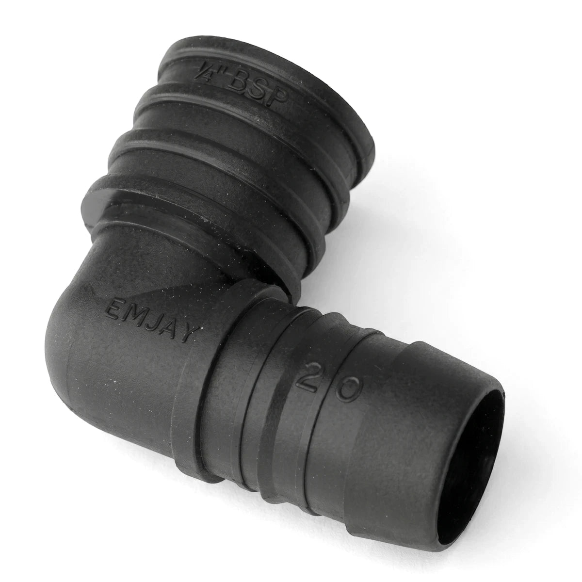 Emjay Ptf 25mm black plastic 90-degree female elbow pipe fitting, shown from an angled view, for plumbing connections.