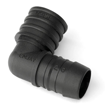 Emjay Ptf 25mm black plastic 90-degree female elbow pipe fitting, shown from an angled view, for plumbing connections.