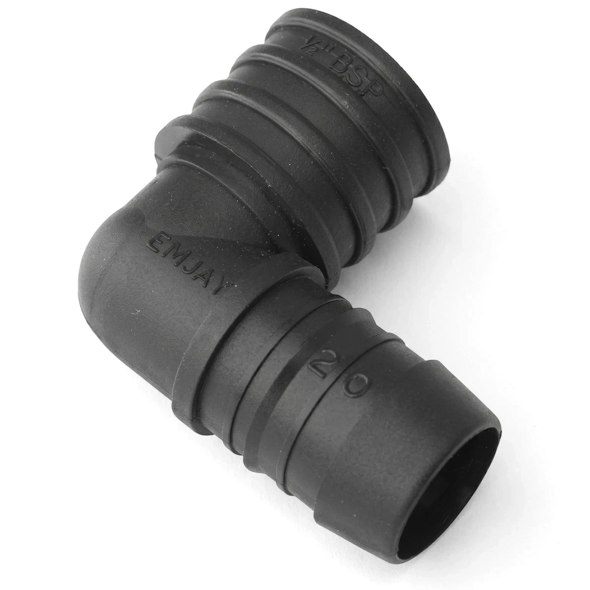 Black Emjay Ptf Female Elbow 20mm plastic pipe fitting with 90-degree bend, barbed hose end, and 1/2 BSP threaded connector.