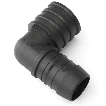 Black Emjay Ptf Female Elbow 20mm plastic pipe fitting with 90-degree bend, barbed hose end, and 1/2 BSP threaded connector.