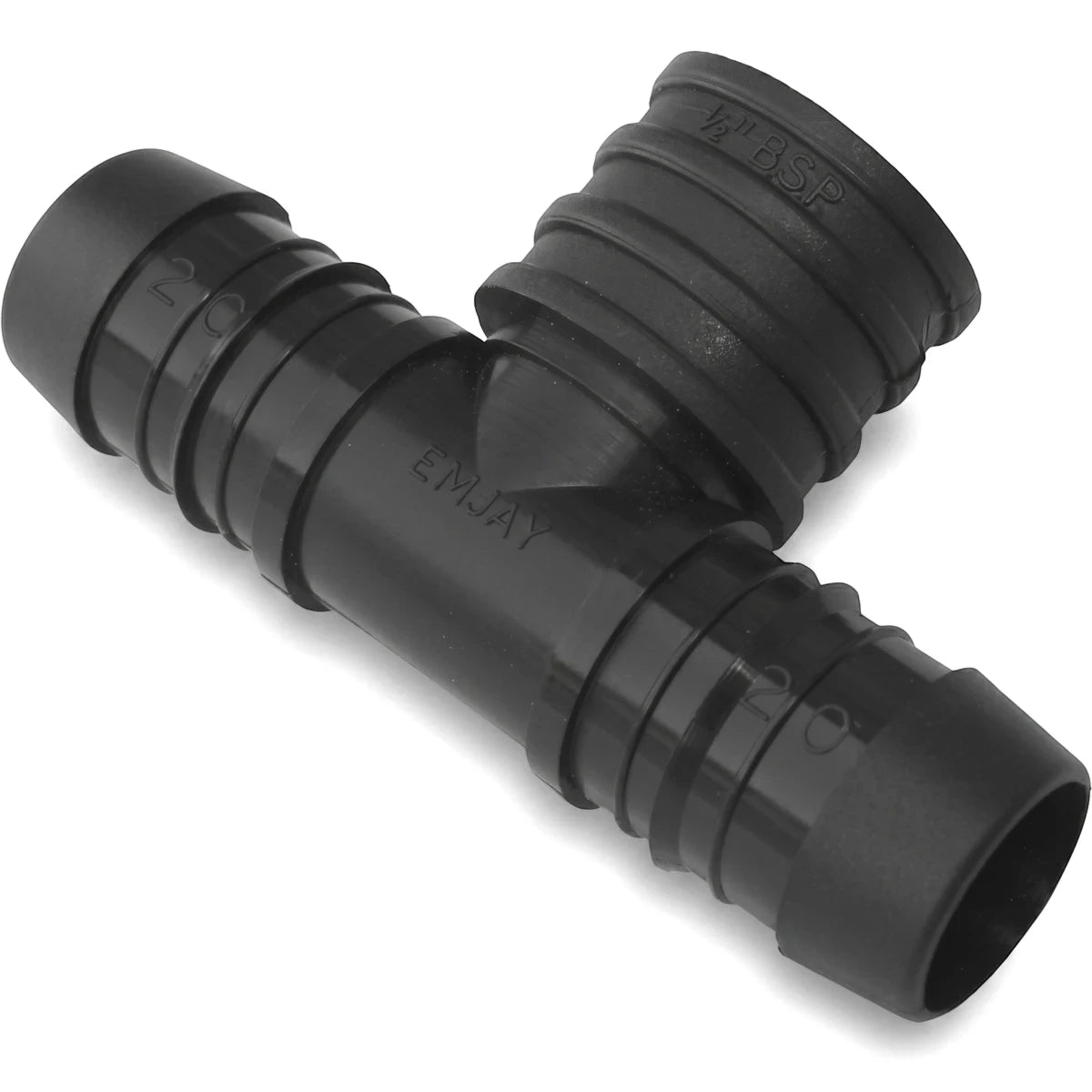 Black plastic Emjay PTF Female Tee 20mm fitting, T-shaped with ribbed and threaded ends, for plumbing connections.