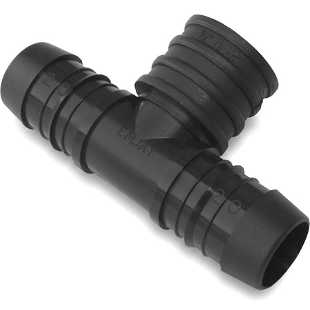 Black plastic Emjay PTF Female Tee 20mm fitting, T-shaped with ribbed and threaded ends, for plumbing connections.