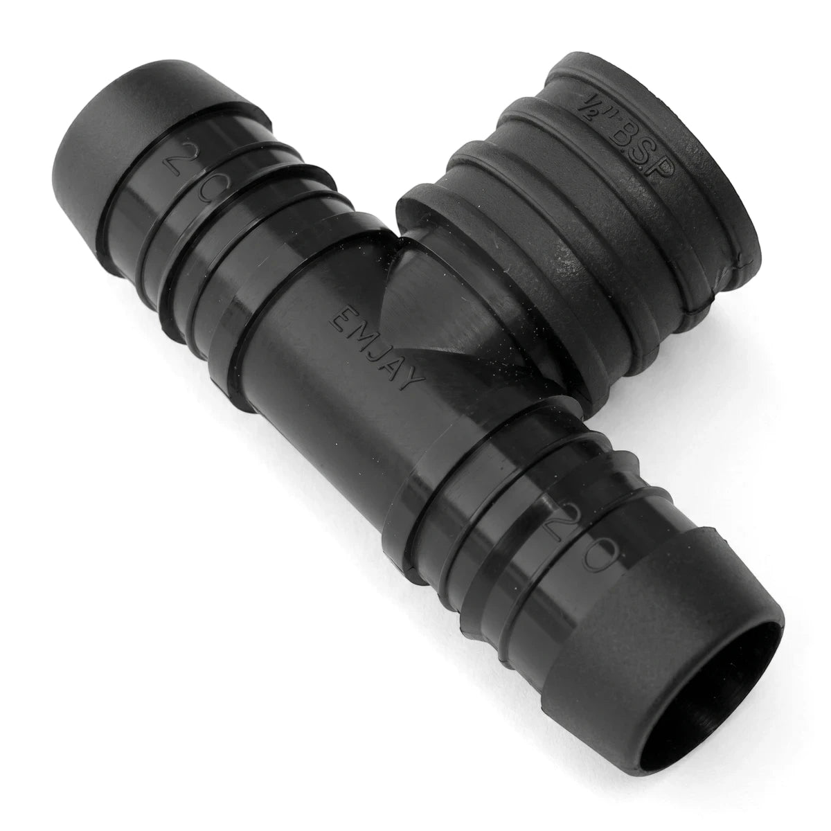 Black plastic Emjay Ptf Female Tee 25mm pipe fitting with barbed ends and a 1/2" BSP threaded side, shown from an angled