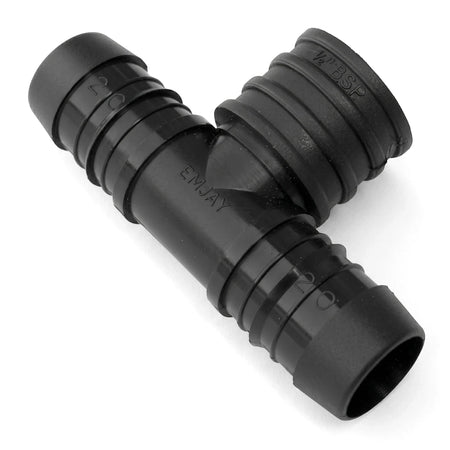 Black plastic Emjay Ptf Female Tee 25mm pipe fitting with barbed ends and a 1/2" BSP threaded side, shown from an angled