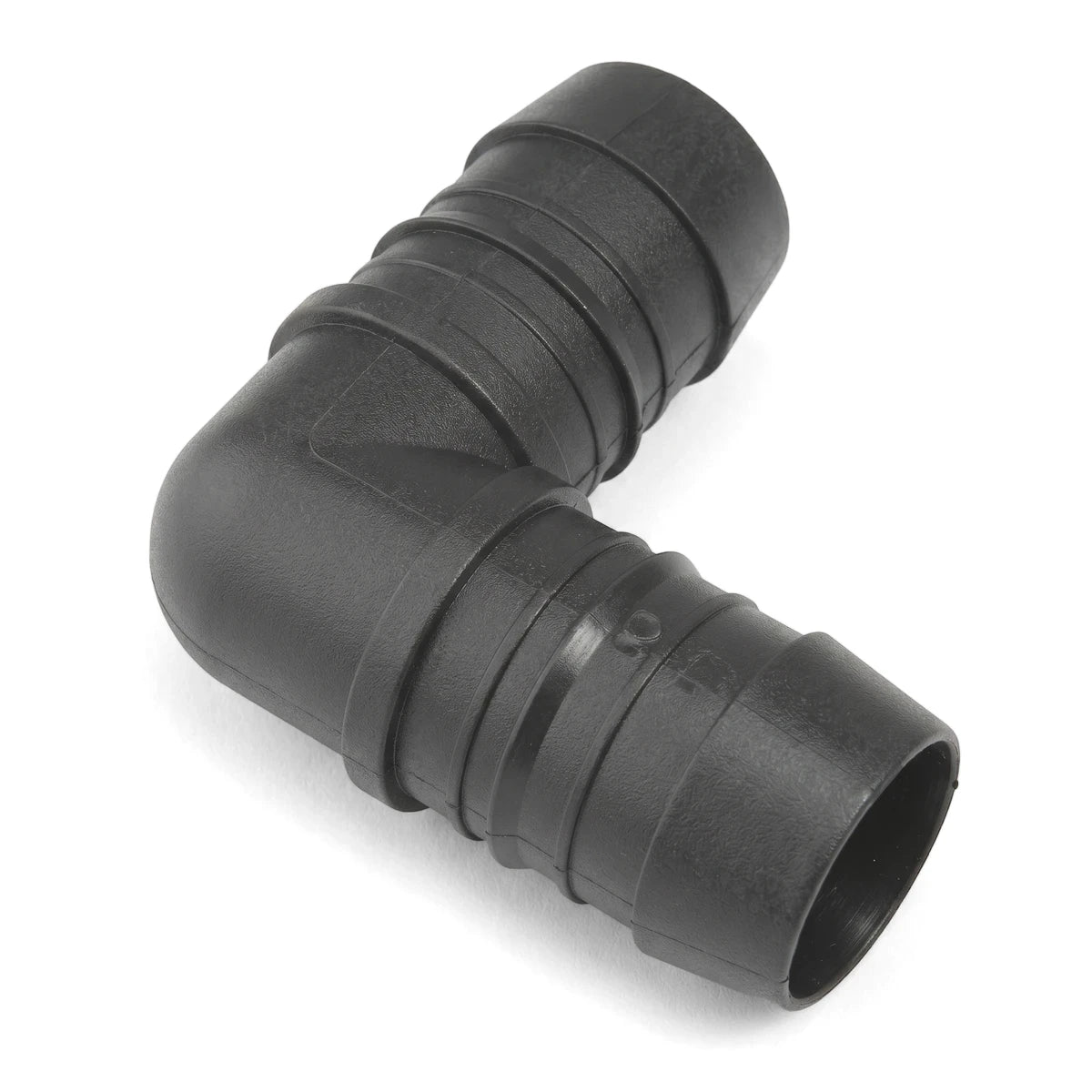 Dark grey plastic Emjay Ptf Male Elbow 1 1/2 inch Bsp plumbing fitting, angled view, with barbed ends for hose connection.