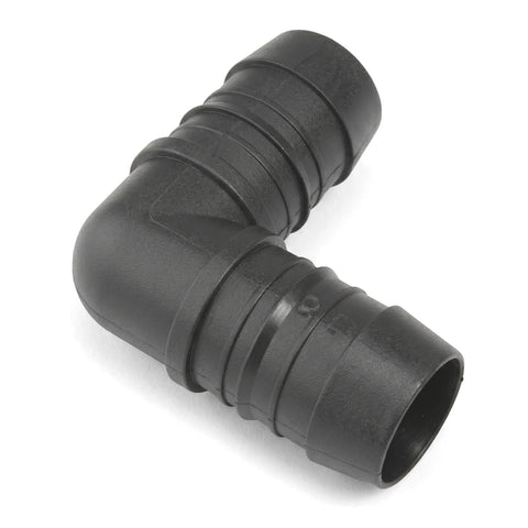 Dark grey plastic Emjay Ptf Male Elbow 1 1/2 inch Bsp plumbing fitting, angled view, with barbed ends for hose connection.