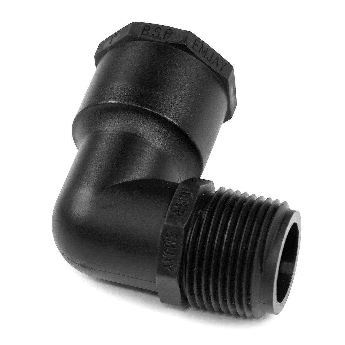 Black Emjay PTF male to female elbow fitting, 20mm, made of durable plastic, shown angled.