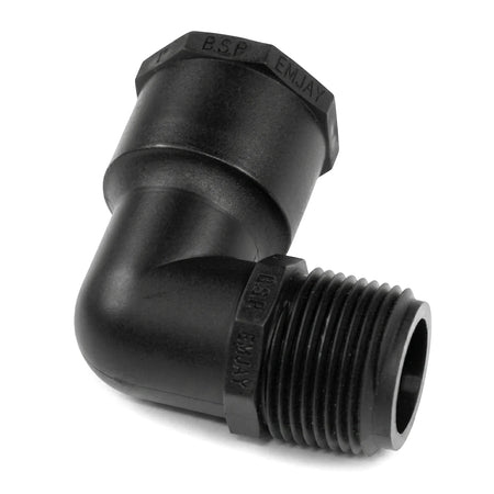 Black Emjay PTF male to female elbow fitting, 20mm, made of durable plastic, shown angled.