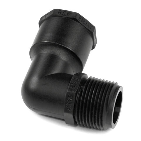 Black Emjay PTF male to female elbow fitting, 20mm, made of durable plastic, shown angled.