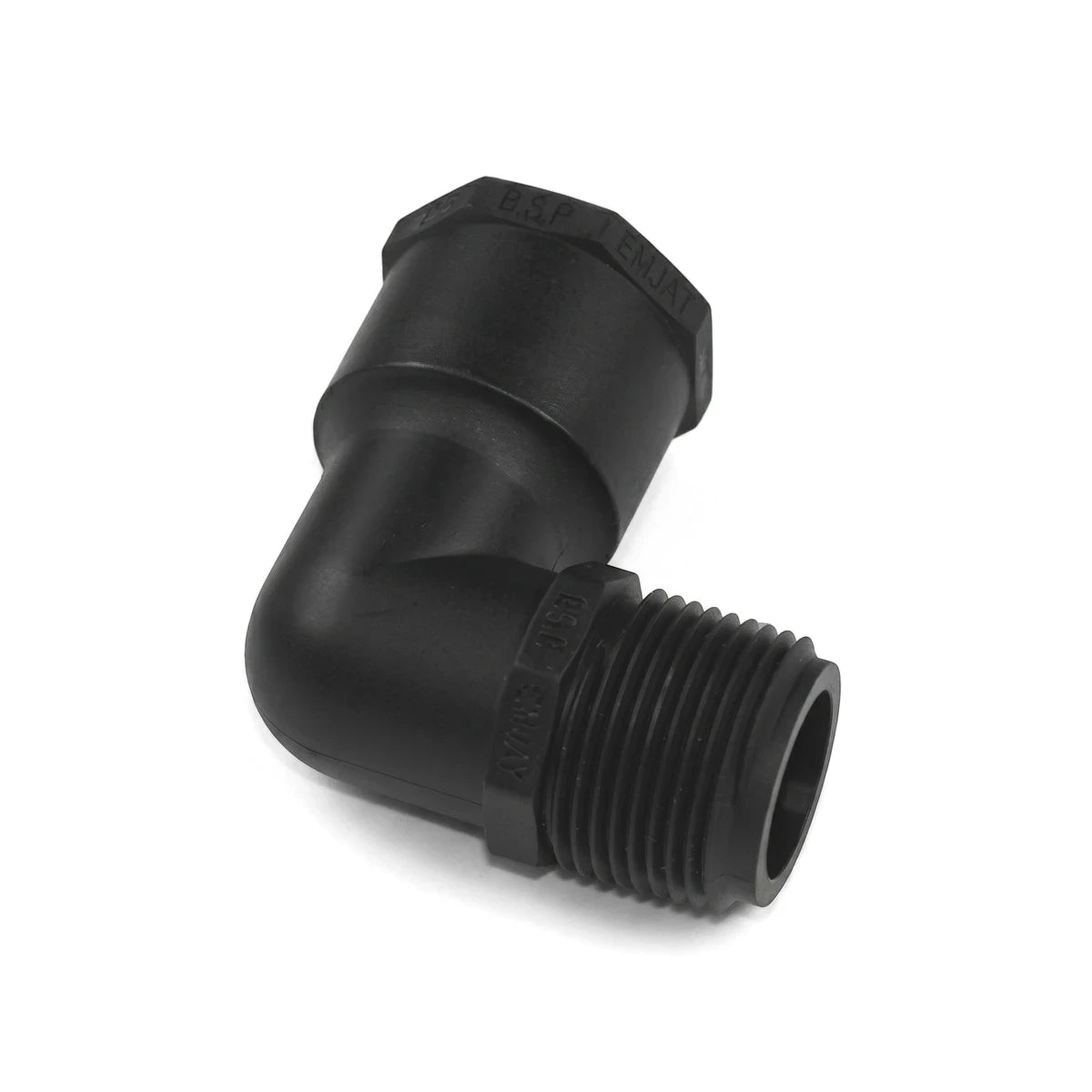 Emjay Ptf Male To Female Elbow - 25mm, a black plastic 90-degree threaded plumbing fitting, angled view.