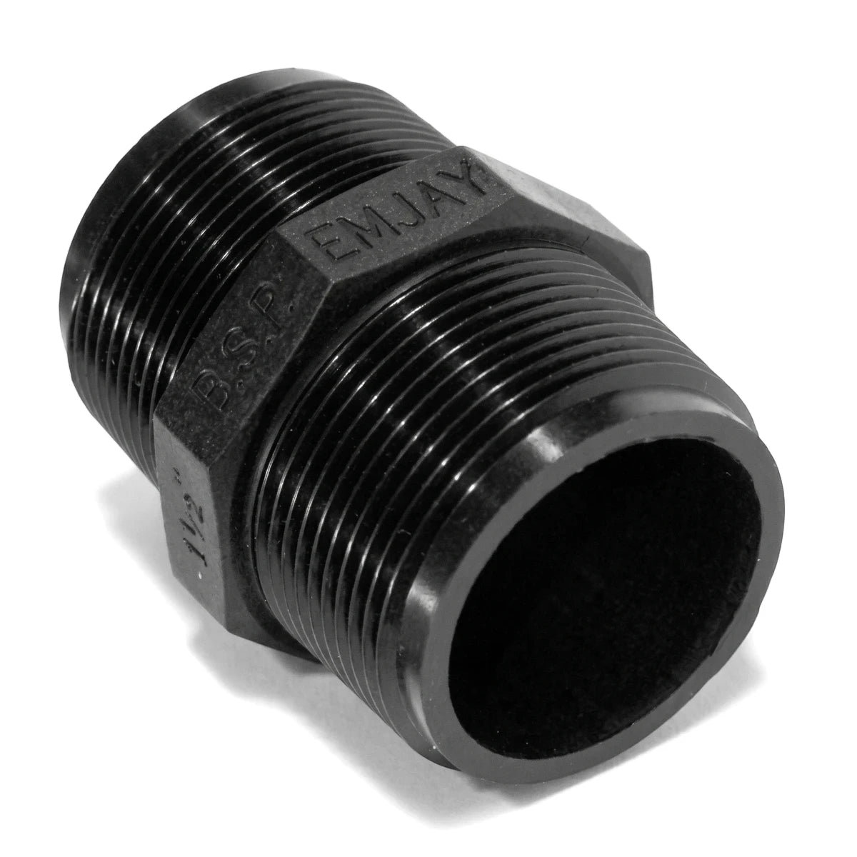 Black Emjay PTF threaded nipple pipe fitting, showing hexagonal center and external threads.