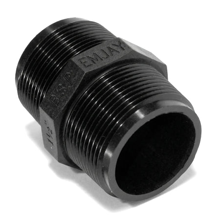 Black Emjay PTF threaded nipple pipe fitting, showing hexagonal center and external threads.