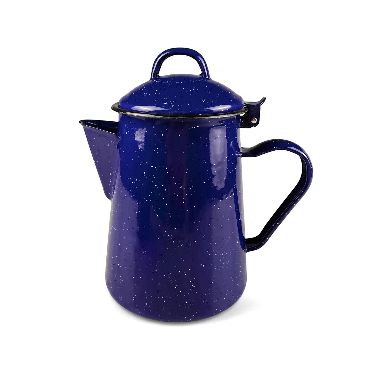 A dark blue enamel camping coffee kettle, 1.8 liter, with white speckles and a black handle, shown from a front-left view.