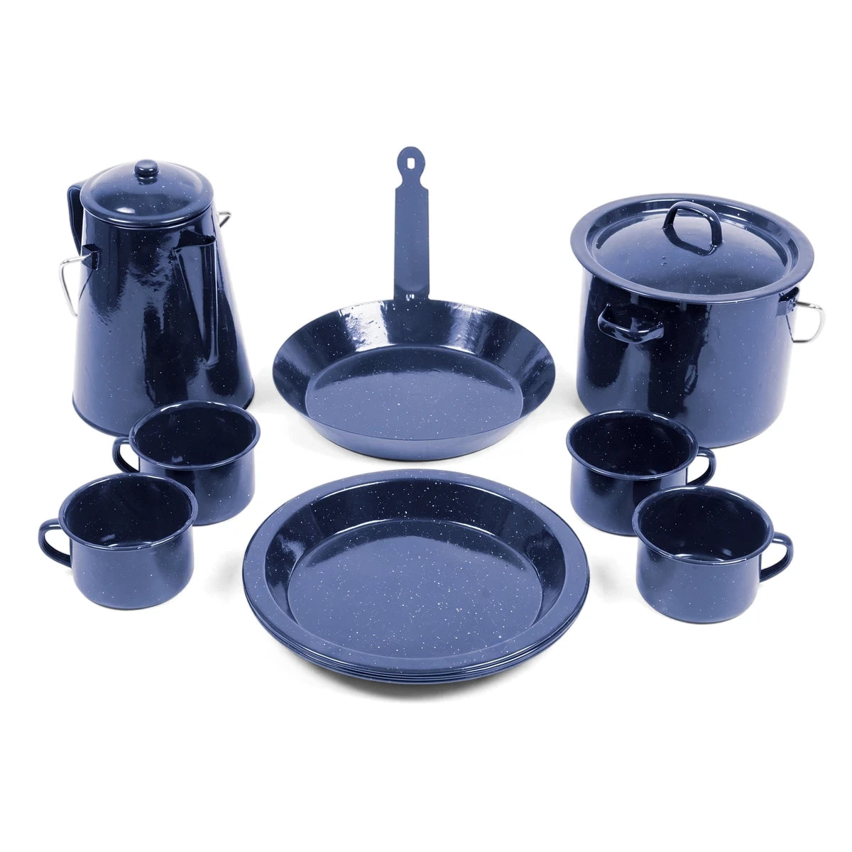 11-piece dark blue speckled enamel camping cookware set including percolator, pot, pan, cups, and plates.