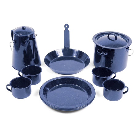 11-piece dark blue speckled enamel camping cookware set including percolator, pot, pan, cups, and plates.