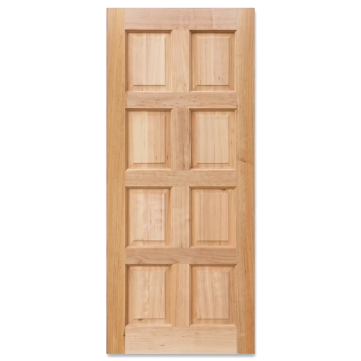 Vertical light wood engineered panel door with eight recessed panels, shown from the front.
