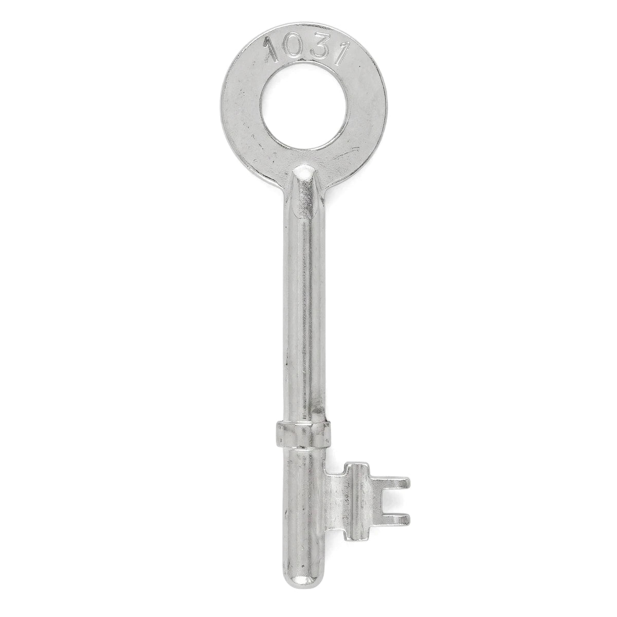 Silver Errcb37 key blank with a circular bow and two-notched bit, shown vertically on a white background. Ideal for