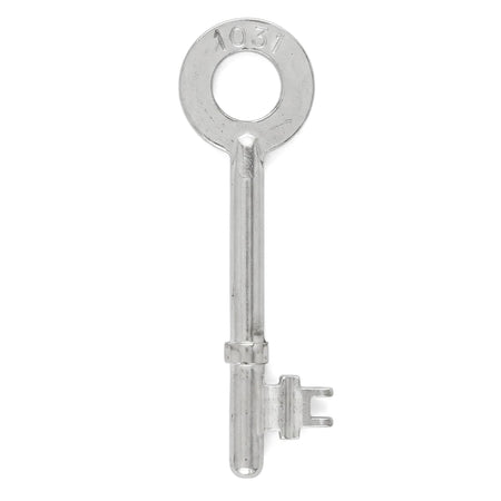 Silver Errcb37 key blank with a circular bow and two-notched bit, shown vertically on a white background. Ideal for