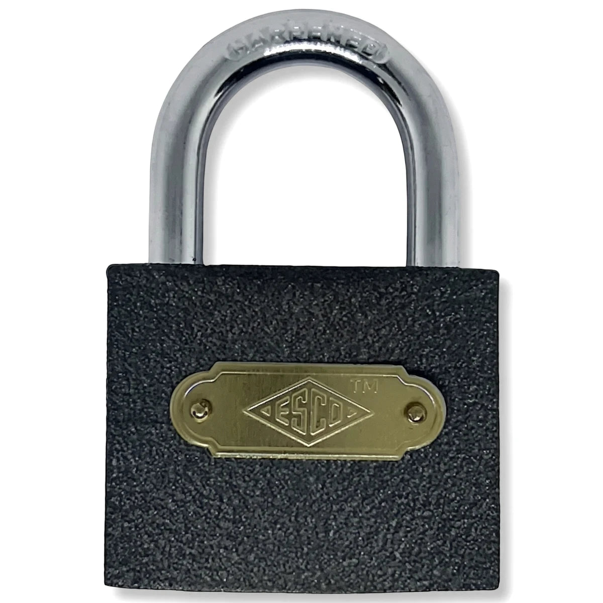 Esco Iron Padlock with black textured body, silver steel shackle and brass nameplate for secure outdoor use