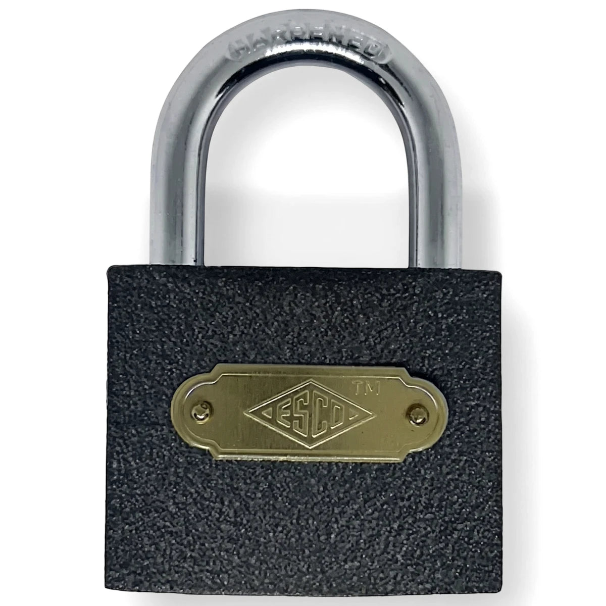 Esco Iron padlock featuring a chrome shackle and brass nameplate on a textured black body for secure locking.