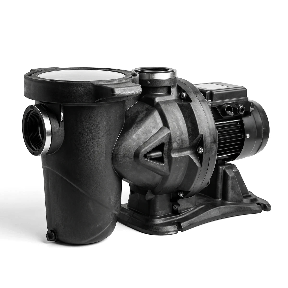 Euroswim 100 220/240/50 black swimming pool pump with side view and intake connections.