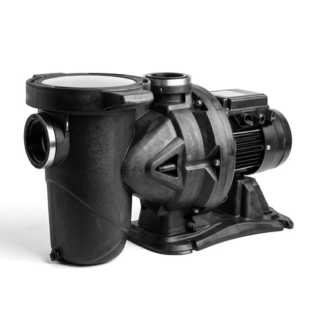 Euroswim 100 220/240/50 black swimming pool pump with side view and intake connections.