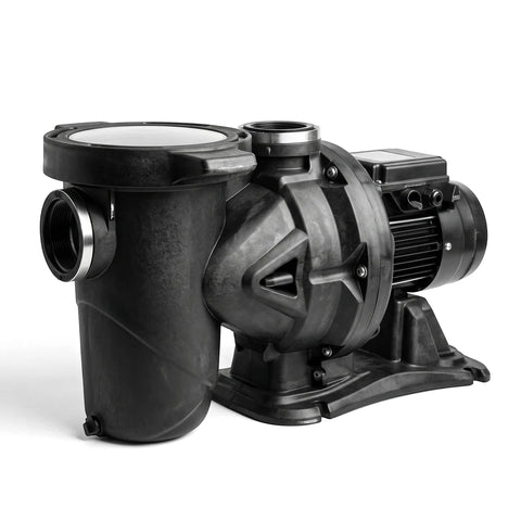 Euroswim 100 220/240/50 black swimming pool pump with side view and intake connections.