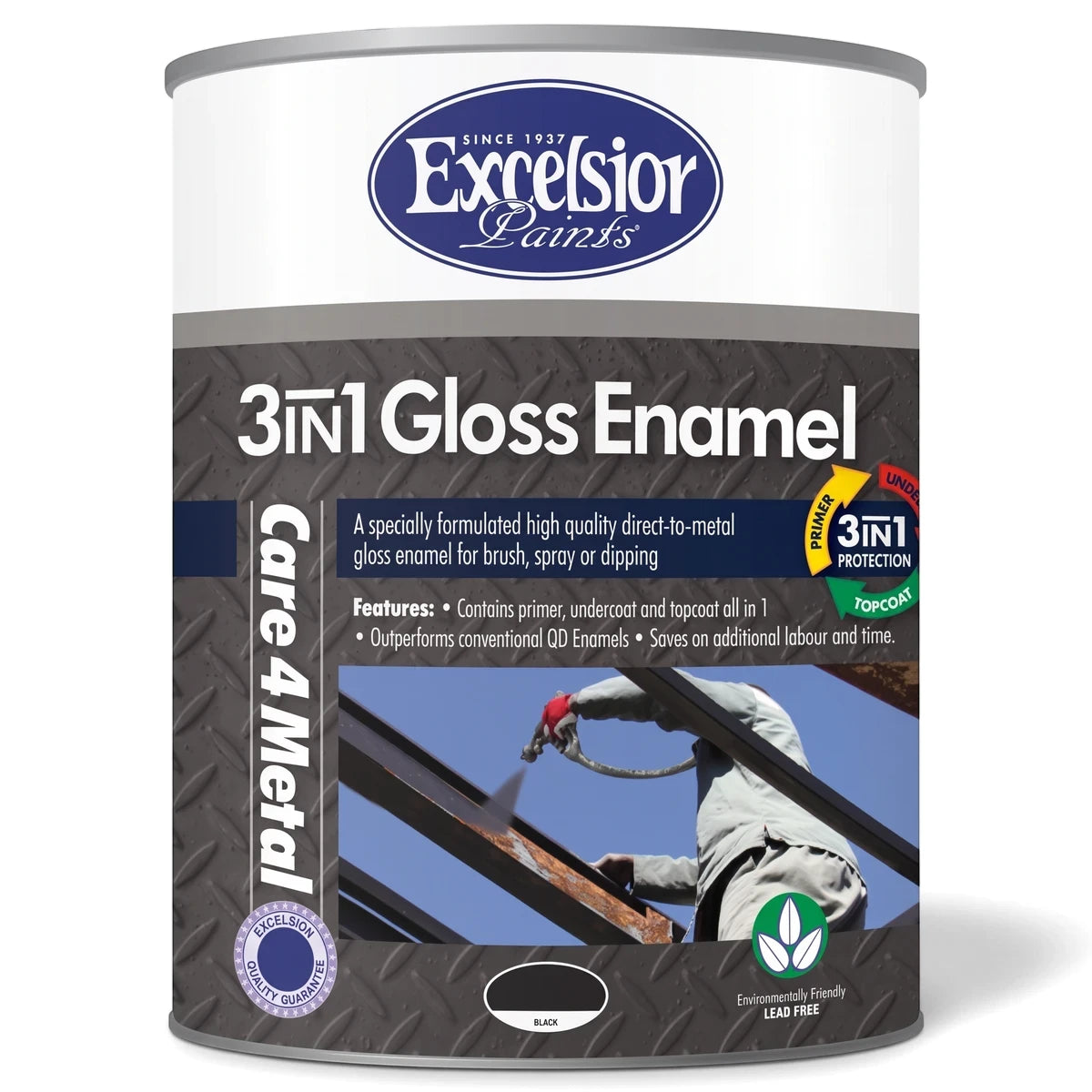Excelsior Paints 3in1 Gloss Enamel black direct-to-metal paint can with primer, undercoat, and topcoat properties.