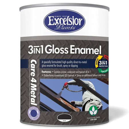 Excelsior Paints 3in1 Gloss Enamel black direct-to-metal paint can with primer, undercoat, and topcoat properties.