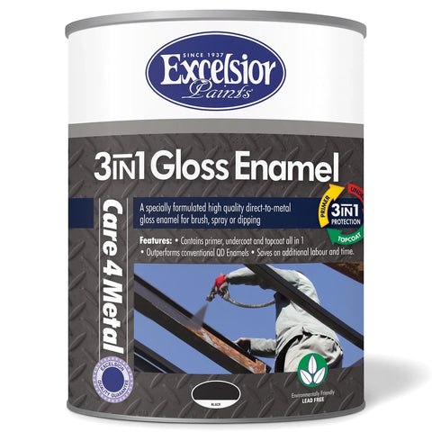 Excelsior Paints 3in1 Gloss Enamel black direct-to-metal paint can with primer, undercoat, and topcoat properties.