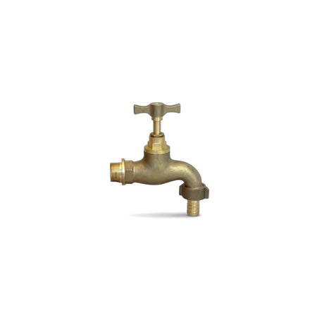Extended rough brass hose bib tap with a cross handle and threaded inlet for outdoor plumbing applications, isolated on