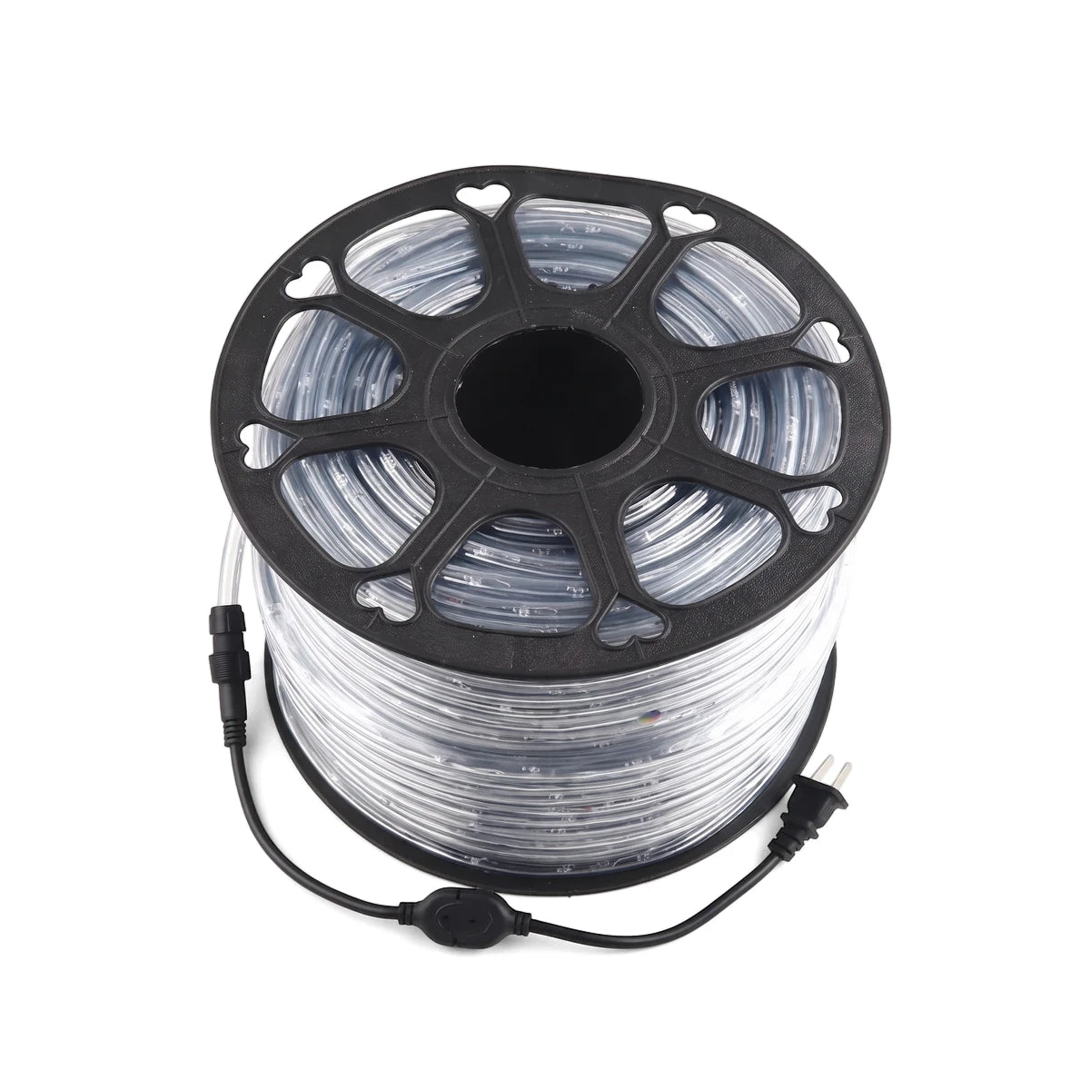 Extension Cord 100M extension cords on black plastic reel with clear cable, power plug and inline switch.