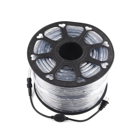 Extension Cord 100M extension cords on black plastic reel with clear cable, power plug and inline switch.