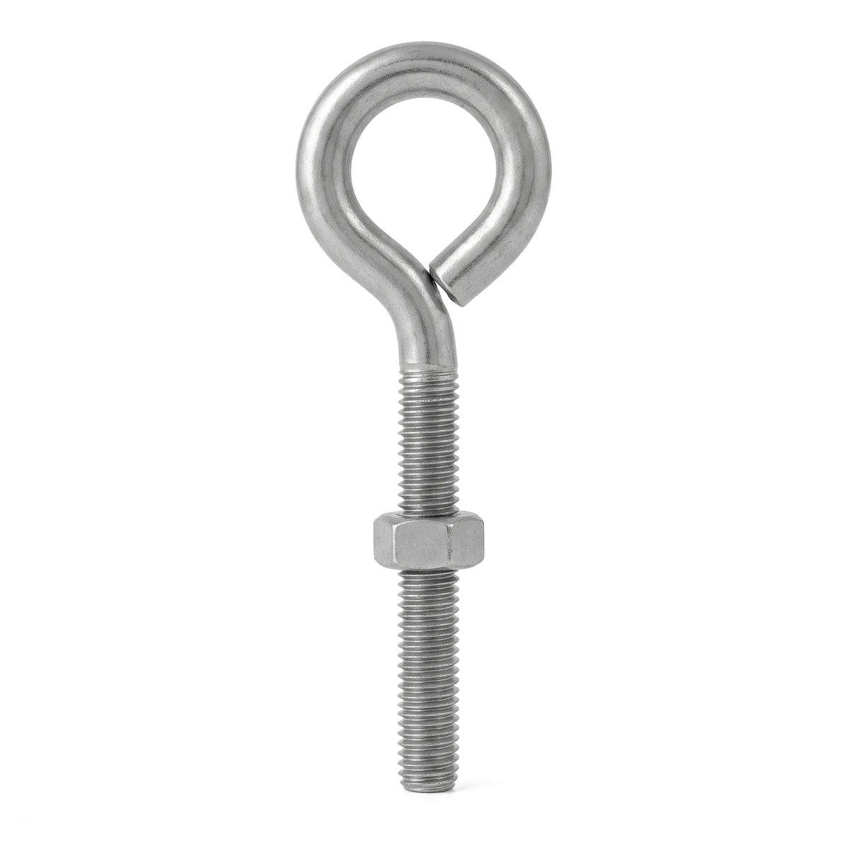 Silver metal Eye Bolt M10X100 Padlock featuring a looped top, threaded shaft, and hexagonal nut, photographed vertically.