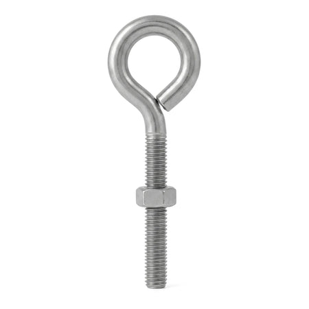 Silver metal Eye Bolt M10X100 Padlock featuring a looped top, threaded shaft, and hexagonal nut, photographed vertically.